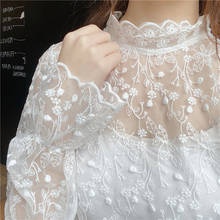 Camisa de encaje con bordado Floral para mujer, blusa Sexy de malla transparente, camisa negra elegante 2024 - compra barato