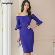 Blue Career Office Lady Dress 2022 Spring Slash Neck Strapless Butterfly Sleeve High Waist Tight Pencil Elegant Party Dress 2024 - buy cheap