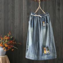 Free Shipping 2021 New Long Mid-calf Skirts Women Elastic Waist Spring Summer Denim Cortton Casual Skirts Blue A-line Embroidery 2024 - buy cheap