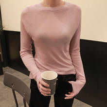 Hot Sale 2022 New Spring Summer Basic Tops Long Sleeve Loose Thin Sexy Blue T-shirt Women Fashion Solid Color Cotton Tee Femme 2024 - buy cheap