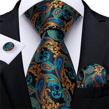 Men Tie Teal Blue Gold Paisley Quality Wedding Tie For Men Hanky Cufflink Silk Tie Set DiBanGu Novelty Design Business MJ-7308 2024 - buy cheap