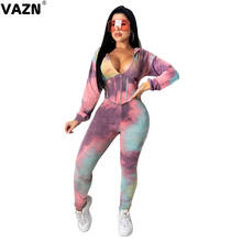 VAZN Summer 2020 Vintage Tie Dye Print Full Sleeve V-neck Sexy Night Club Fashion Bandage Women 2 Piece Set Lady Set 2024 - buy cheap