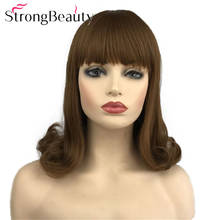 StrongBeauty-Peluca de cabello sintético para mujer, pelo largo y rizado medio, marrón oscuro con flequillo, corte de pelo Bob 2024 - compra barato