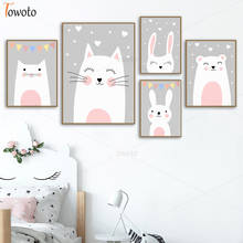 Decoração de parede para quarto de crianças, cartaz de coelho e gato para crianças, desenho animado, pintura em tela rosa 2024 - compre barato