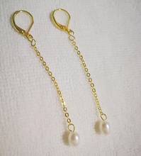 Perla blanca ovalada de 6mm, cuentas de arroz de 6cm, cadena de oro, gancho de oro, pendientes colgantes, perlas naturales reales de agua dulce 2024 - compra barato