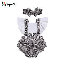 Toddler Girls Romper, Baby Headband, Fly Sleeve Patchwork Hollow Crotch Buttons Snakeskin Printed 2-piece Clothes 0-24 Months 2024 - buy cheap