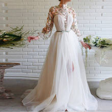 Женское вечернее платье с высоким воротником, белое длинное кружевное платье с длинными рукавами, высоким разрезом и цветочной аппликацией, бальное платье для выпускного вечера 2024 - купить недорого