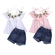 1-6Y Kid  Baby Girls Clothes Sets Flowers Off Shoulder Ruffles Sleeve T Shirts Tops+Denim Shorts 2pcs 2024 - buy cheap