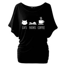 Camiseta con estampado de gatos y libros para mujer, ropa de calle Tumblr de algodón con manga de murciélago, Vintage, café, bonita 2024 - compra barato