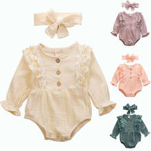 Bebê recém-nascido menina sólido rendas manga longa bodysuits macacão bandana outfits bebê meninas rendas bodysuits 2024 - compre barato