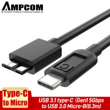 Кабель Type C к Micro B, AMPCOM USB 3,1 type-C(Gen1 5 Гбит/с) к USB 3,0 Micro-B внешнему жесткому диску, кабель для быстрой зарядки и передачи данных, 0,3 м 2024 - купить недорого