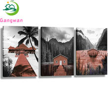 Diamond Painting Full Square Round 3 pcs Landscape Lake 5d Diamond Embroidery red Black Boat Picture Triptych living room decor 2024 - buy cheap