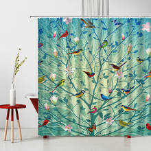 Занавеска для душа в китайском стиле, с цветами, ветвями птиц, листьями, голубым небом, с 3D принтом, водонепроницаемая, для ванной, с крючками 2024 - купить недорого
