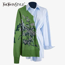 Женская трикотажная рубашка TWOTWINSTYLE, Повседневная блузка с длинными рукавами и отложным воротником в Корейском стиле, новая весенняя одежда 2021 2024 - купить недорого