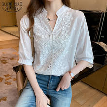 Camisa feminina de manga curta, camisa branca bordada com decote em v, manga lanterna, top de algodão irregular, blusa feminina ol 14204 2024 - compre barato