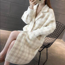 2021 nova moda do falso vison casacos de pele outono e inverno feminino xadrez camisola jaqueta feminina grosso solto longo malha cardigan y757 2024 - compre barato