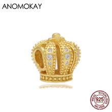 Anomokay Trendy Hollow Out Gold Color Crown Charm with White Crystal Real 925 Silver Royal Crown Beads for DIY Jewelry Making 2024 - buy cheap