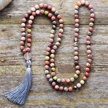 Colar mala com 8mm de contas, pedra natural com pingente antigo, colar feminino de borla longa, colar de crachá para meditação, 108 contas, dropship 2024 - compre barato