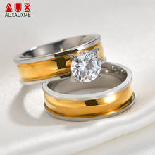 Парные обручальные кольца auxme с фианитами, кольца из нержавеющей стали золотистого цвета с кристаллами для фотографий 2024 - купить недорого