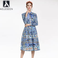AELESEEN-Conjunto de 2 piezas de moda para primavera y otoño, blusa azul + faldas plisadas por debajo de la rodilla, conjuntos elegantes de fiesta con estampado Floral 2024 - compra barato