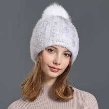 Gorro de punto de piel de visón auténtica para mujer, pompón de zorro, informal, a la moda, de Color sólido, para invierno, novedad de 2019 2024 - compra barato