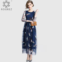 ROGREZ Blue Women Elegant Dress Vestido Translucent Mesh Long Sleeve Bird Pattern Casual Dress O Neck Long Boho Dress 2024 - buy cheap