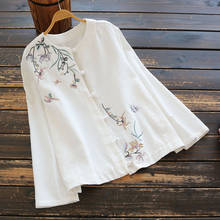 Camisa feminina estilo chinês, camisa feminina de linho para primavera, estilo retrô com fivela floral bordada, gola em o, blusa de manga comprida, novo, 7383 2024 - compre barato