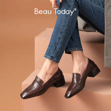 BeauToday-mocasines de piel de becerro para mujer, zapatos de vestir sin cordones con punta cuadrada, tacón de bloque, hechos a mano, 15337 2024 - compra barato