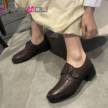 ANNYMOLI-zapatos de tacón medio de piel auténtica Natural para mujer, calzado de vestir con hebilla y tacón grueso, color marrón, para primavera 2024 - compra barato