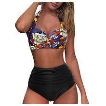 Women Vintage Swimsuit Two Piece Retro Halter Ruched High Waist Print Bikini Set 2024 - buy cheap