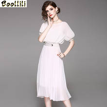 Vestido de verão 2020 chiffon boho vestido branco das mulheres do vintage coreano midi vestido plissado elegante roupas das senhoras vestidos 2024 - compre barato