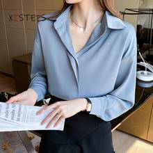 Elegant Women Chiffon Blouses White Blue Long Sleeve Female Suit Shirts Turn-down Collar Tops Office Work Wear OL Clothes 2021 2024 - buy cheap