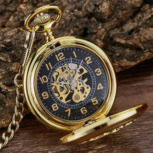 Ouro vintage automático mecânico esculpido bolso relógio steampunk esqueleto fob corrente mão enrolamento oco para homem 2024 - compre barato