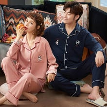 Slpcely-Conjunto de pijama de algodón para parejas, ropa de dormir informal de dos piezas con solapa, manga larga y pantalones, para estar en casa, Primavera 2024 - compra barato