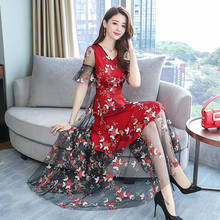 Floral French Embroidery Mesh Dress Female 2021 Summer New Fashion Slimming Fresh Temperament Long Dress For Women Party zh293 2024 - buy cheap
