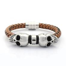 8MM Genuine Braided Leather Bracelet Never Fade Stainless steel Skull Charms Bead Bracelets with Magnet Clasp Men Bangles 2024 - buy cheap