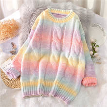 Suéter feminino de arco-íris com laço, pulôver corante, gola redonda, longo, listrado, colorido, grande, para outono e inverno 2024 - compre barato