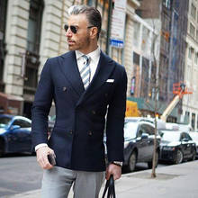 Gentle Navy Blue Men Suits for Wedding Groom Tuxedo Business 2 Pieces Man Suits(Grey Pants+Navy Jacket) Groomsmen Blazer 2024 - buy cheap