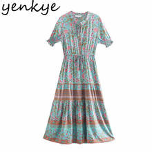 YENKYE Summer Dress Women Floral Print Holiday Boho Dress Female Lace Up V Neck Short Sleeve Drawstring Waist Casual Long Dress 2024 - buy cheap