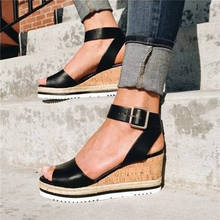 Zapatos con plataforma en tobillo para mujer, moda retro, punta abierta, sandalias de cuña romana, Buty Damskie, 2020 2024 - compra barato