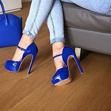Moraima Snc Newest Blue Patent Leather High Heel Shoes Sexy Peep Toe Platform pumps Woman Ankle Strap Party Dress Heels 2024 - buy cheap