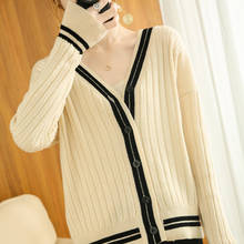 Spring Autumn Women Sweater Female Cardigan V-Neck Long Sleeve 100% Wool Knitted Coat Clothing Jacket Femme Jumpers Tops Outwear 2024 - купить недорого