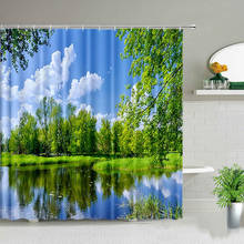 Cortinas de ducha de paisaje Natural, conjunto de cortina de tela impermeable, decoración de baño, bosque, árboles, pradera verde, flor de primavera 2024 - compra barato