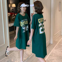 #2301-vestidos holgados de algodón para mujer, camiseta de talla grande verde informal coreana para mujer, vestido con letras estampadas para verano 2024 - compra barato