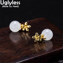 Uglyless Hotan Natural Jade Balls Gemstones Earrings for Women Gold Flowers Brincos Real 925 Silver Floral Studs Earrings Vogue 2024 - buy cheap
