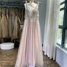 Crystal Prom Dresses Hand Made V-Neck Sleeveless Sweep Train Tulle Prom Dresses With Zipper Back vestidos de fiesta de noche 2024 - buy cheap