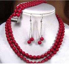 Conjunto de miçangas redondas para colar, 2 linhas naturais de tibete vermelho coral, brincos com pulseira, jade aaa 2024 - compre barato