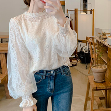 Women Sexy Lace Tops  Puff Sleeve Lace Shirt Female Mesh Hollow Out Back Up Casual Pullover O-neck Blouse 2021 Spring 2024 - buy cheap