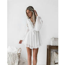 Mini vestido boêmio de renda branca, roupa casual boêmia feminina sexy com decote em v, manga comprida, novo verão 2020 2024 - compre barato