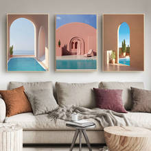 Estilo nórdico morandi cor-de-rosa e azul piscina em arco edifício posters arte da parede quadros lona sala estar casa deco 2024 - compre barato